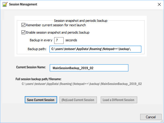 NotePad++ SESSIONS MANAGEMENT Dialog Box (Concept)