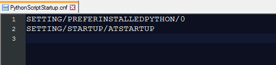 SETTING/PREFERINSTALLEDPYTHON/0 and on the next line
SETTING/STARTUP/ATSTARTUP